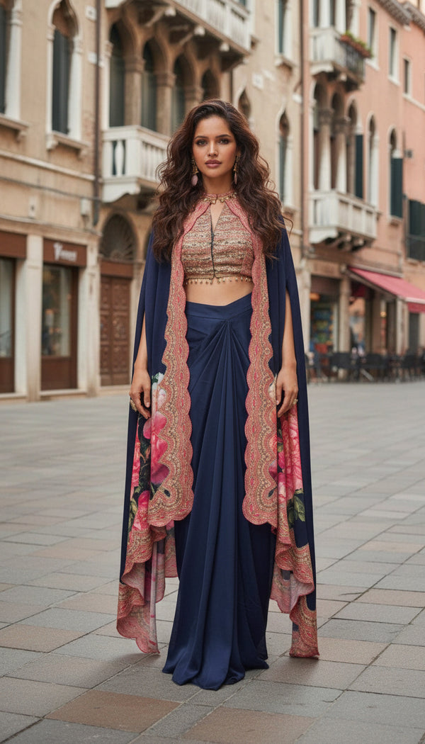 Navy Blue French Crepe Silk Readymade Dhoti Jacket With Blouse Western Dress