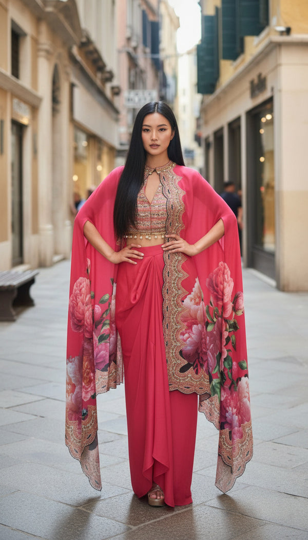 Pink French Crepe Silk Readymade Dhoti Jacket With Blouse Western Dress