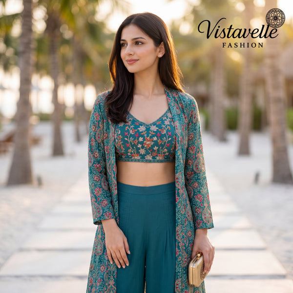 Teal Roman Silk Indo Western Palazzo Set for Women | Embroidered Shrug, Blouse & Pant Set | Wedding, Party  Festive Wear | Ships from USA