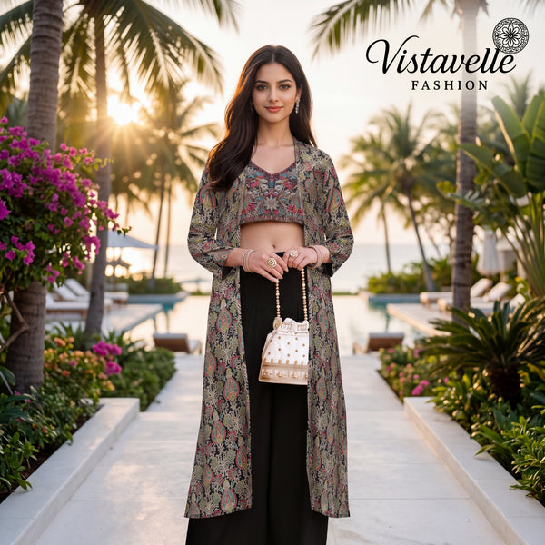 Black Roman Silk Indo Western Palazzo Set for Women | Embroidered Shrug, Blouse Pant Set | Wedding, Party Festive Wear | Ships from USA