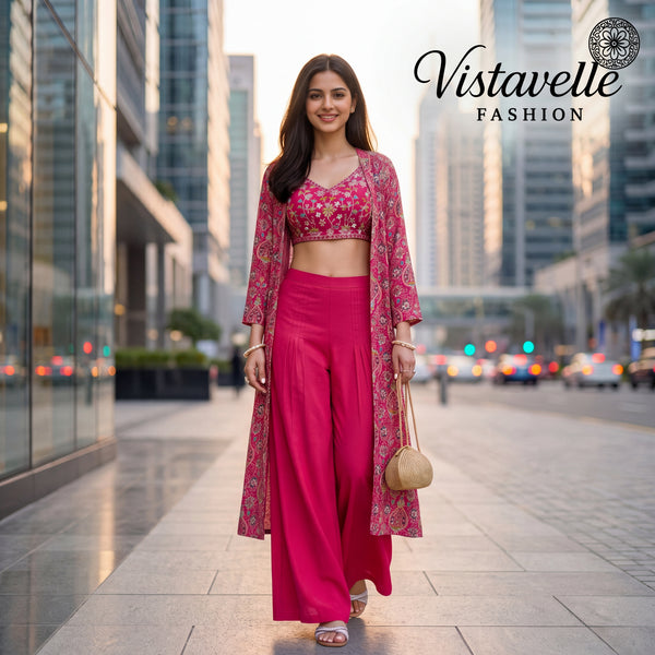 Rani Pink Roman Silk Indo Western Palazzo Set for Women | Printed Shrug, Embroidered Blouse &amp; Pant Set | Wedding, Party Festive Wear | Ships from USA