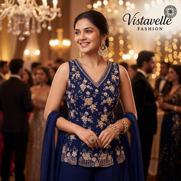 Vistavelle Women's Navy Blue Embroidered Palazzo Suit Set with Dupatta | Designer Party Wear Ethnic Indo Western Outfit