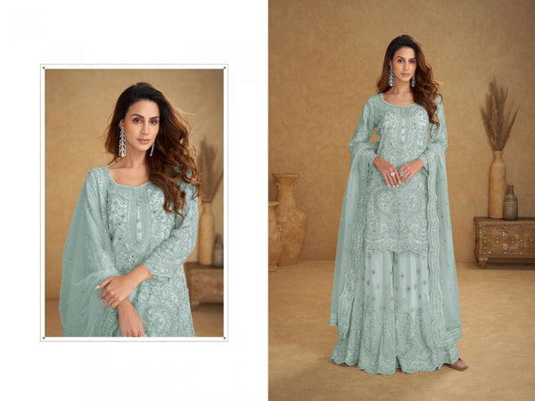 Cyan Real Net Palazzo Suit with Top, Pant, Dupatta